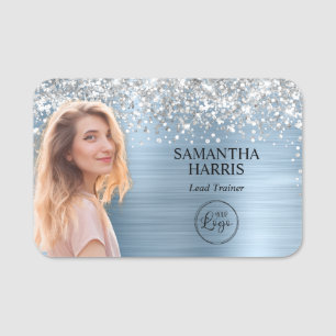 Silver Glitter Light Blue Foil Cutout Photo Logo Name Tag