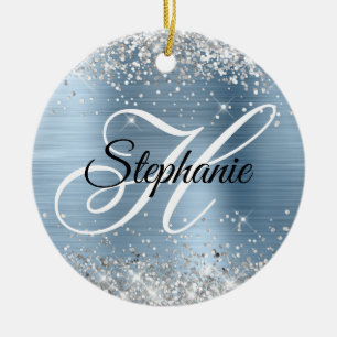 Silver Glitter Light Blue Foil Fancy Monogram Ceramic Ornament