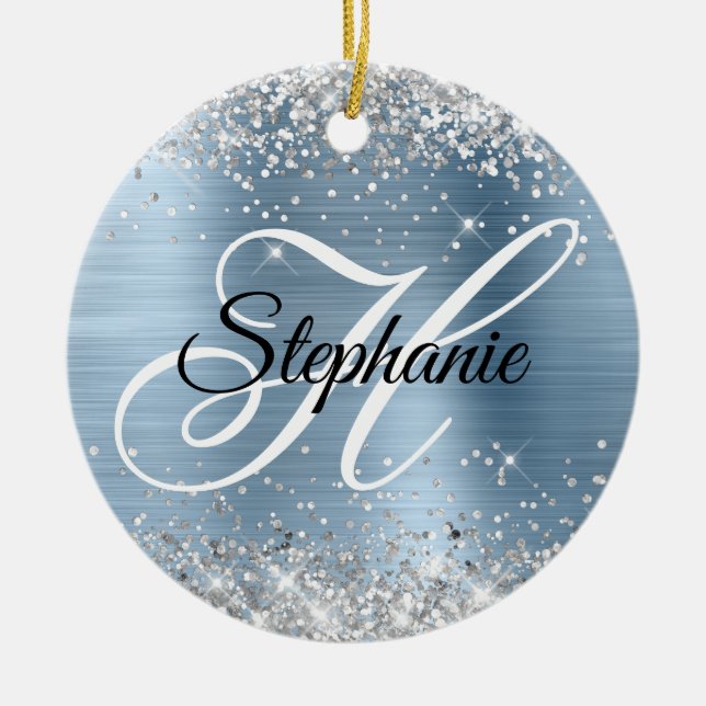 Silver Glitter Light Blue Foil Fancy Monogram Ceramic Ornament (Front)