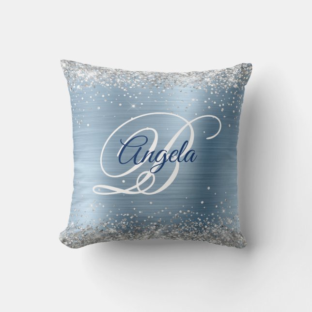 Silver Glitter Light Blue Foil Fancy Monogram Cushion (Front)