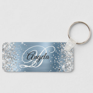 Silver Glitter Light Blue Foil Fancy Monogram Key Ring