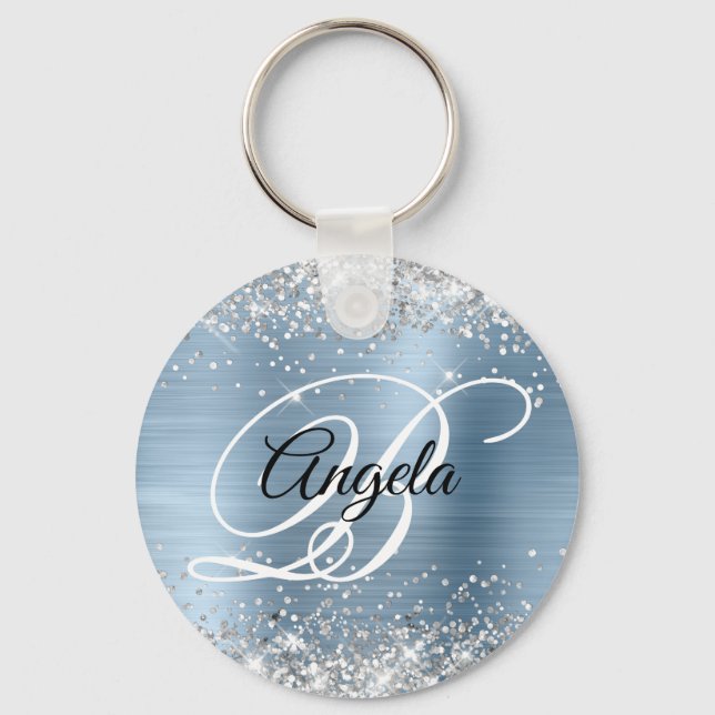 Silver Glitter Light Blue Foil Fancy Monogram Key Ring (Front)