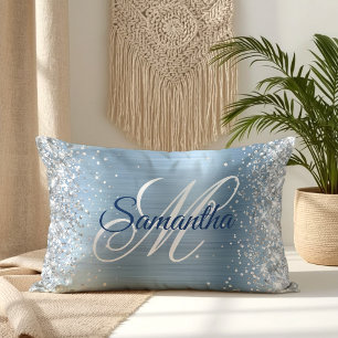 Silver Glitter Light Blue Foil Fancy Monogram Lumbar Cushion