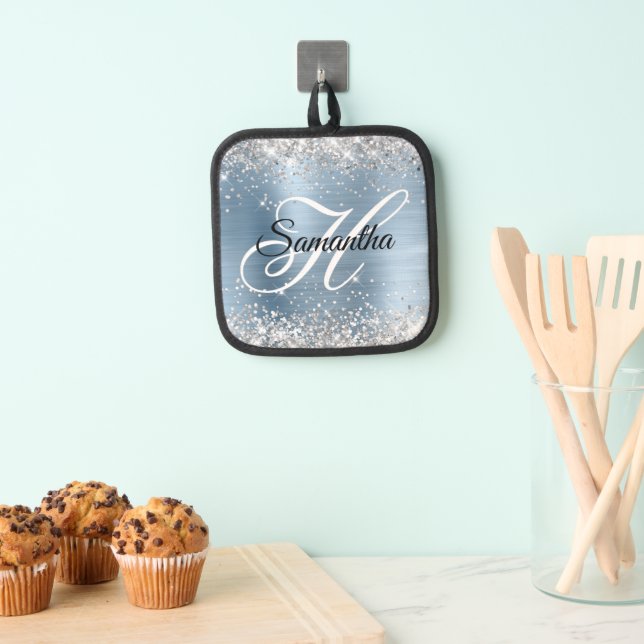 Silver Glitter Light Blue Foil Fancy Monogram Pot Holder (Insitu(Hanging))