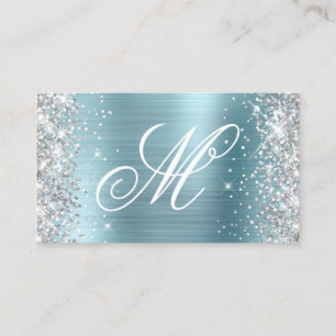 Silver Glitter Light Blue Foil Fancy Monogrammed Business Card