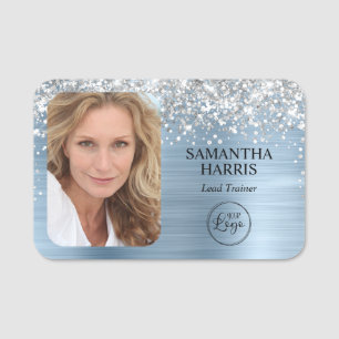 Silver Glitter Light Blue Foil Logo and Photo Name Tag