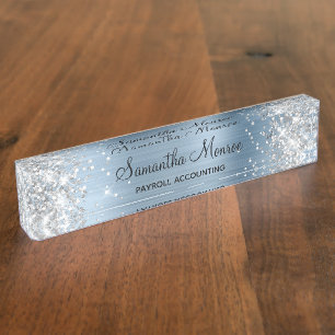 Silver Glitter Light Blue Foil Nameplate
