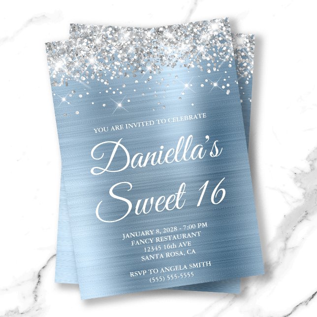 Silver Glitter Light Blue Foil Sweet 16 Invitation (Silver Glitter Light Blue Foil Sweet 16 Invitation)