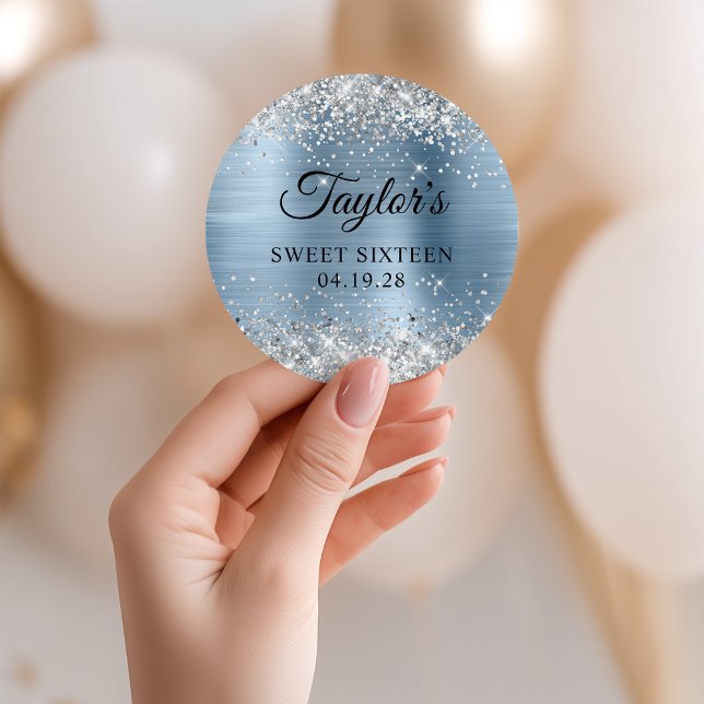 Silver Glitter Light Blue Foil Sweet Sixteen Classic Round Sticker (Silver Glitter Light Blue Foil Sweet Sixteen Classic Round Sticker)