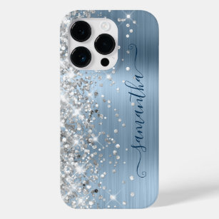 Silver Glitter Light Blue Glam Girly Signature Case-Mate iPhone 14 Pro Case
