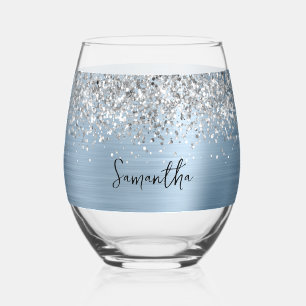 Silver Glitter Light Blue Glam Name Stemless Wine Glass