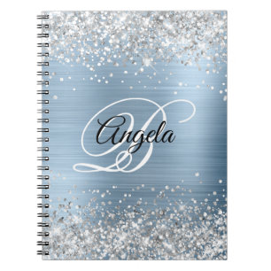 Silver Glitter Light Blue Metallic Fancy Monogram Notebook
