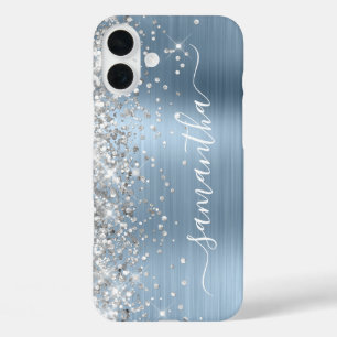 Silver Glitter Light Blue Metallic Girly Signature iPhone 16 Plus Case
