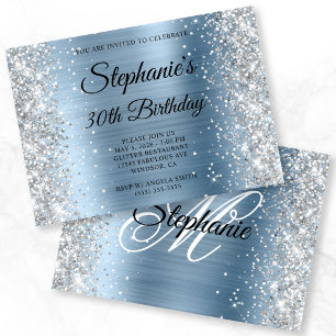 Silver Glitter Light Blue Monogram 30th Birthday Invitation