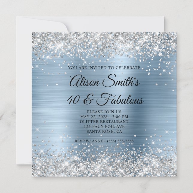 Silver Glitter Light Blue Monogram 40 & Fabulous Invitation (Front)