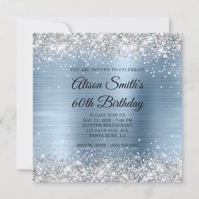 Silver Glitter Light Blue Monogram 60th Birthday Invitation (Front)