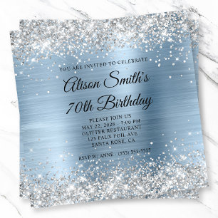 Silver Glitter Light Blue Monogram 70th Birthday Invitation