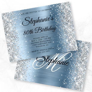 Silver Glitter Light Blue Monogram 80th Birthday Invitation