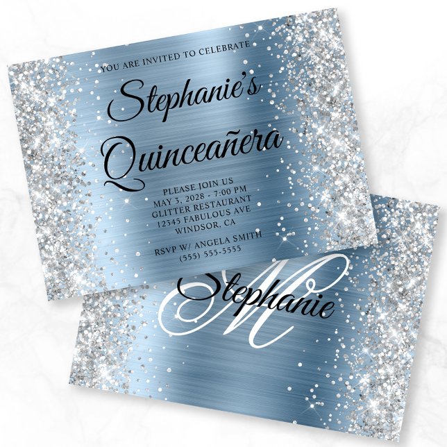 Silver Glitter Light Blue Monogram Quinceanera Invitation (Silver Glitter Light Blue Monogram Quinceanera Invitation)