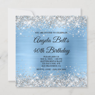 Silver Glitter Light Blue Shimmer Foil Monogram Invitation
