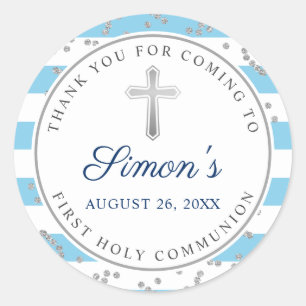 Silver Glitter Light Blue Stripes First Communion Classic Round Sticker