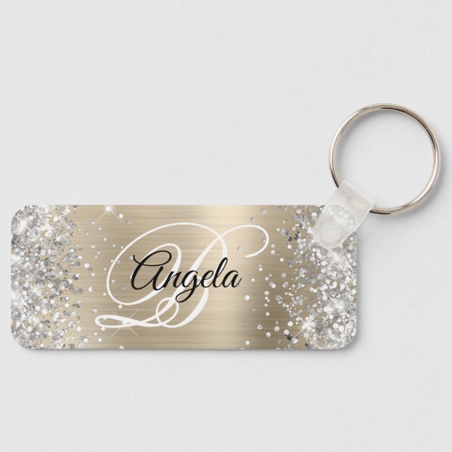Silver Glitter Light Gold Foil Fancy Monogram Key Ring (Front)
