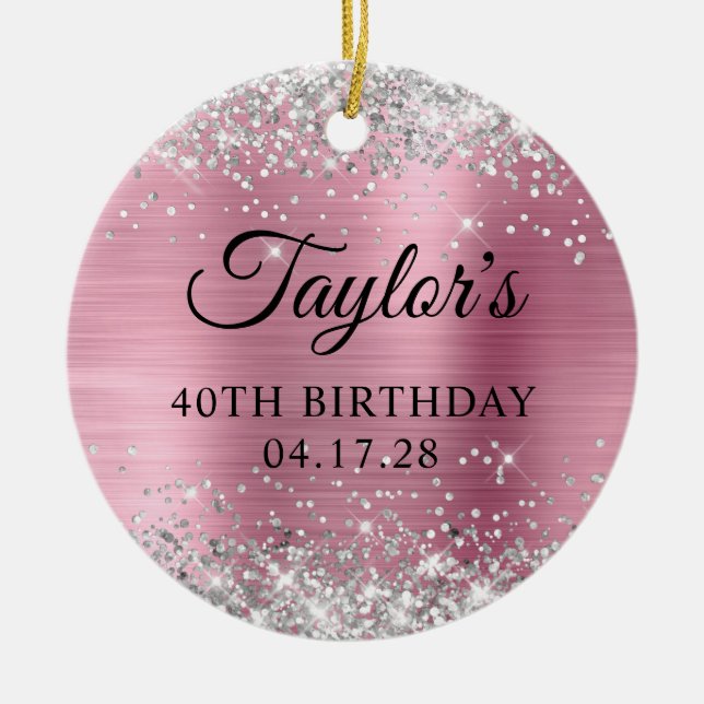 Silver Glitter Light Pink 40th Birthday Photo Ceramic Ornament (Front)