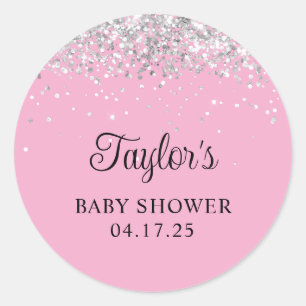 Silver Glitter Light Pink Baby Shower Classic Round Sticker