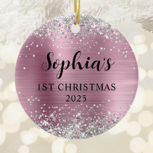 Silver Glitter Light Pink Foil 1st Christmas Photo Ceramic Ornament