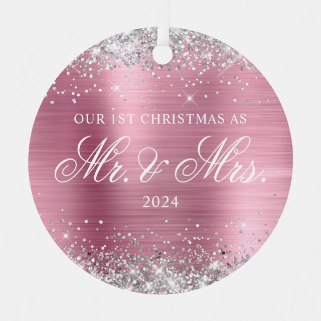 Silver Glitter Light Pink Foil Our 1st Christmas Metal Tree Decoration (Front)