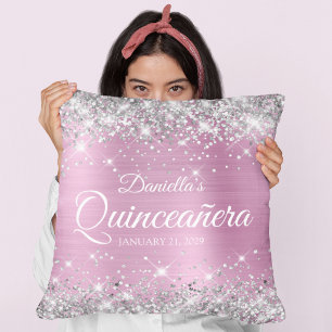 Silver Glitter Light Pink Foil Quinceañera Cushion