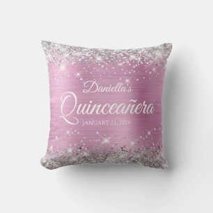 Silver Glitter Light Pink Foil Quinceañera Cushion