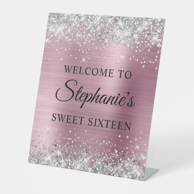 Silver Glitter Light Pink Foil Sweet Sixteen Pedestal Sign (Front)