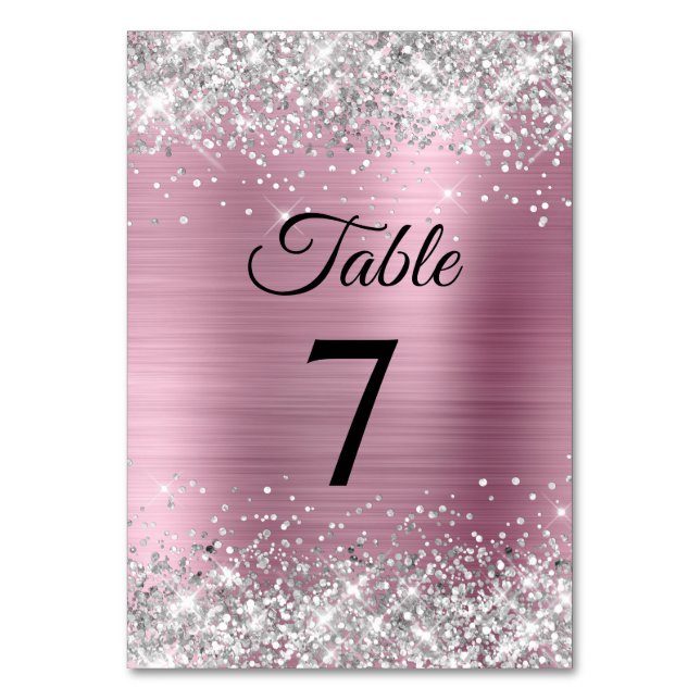 Silver Glitter Light Pink Foil Table Number (Front)