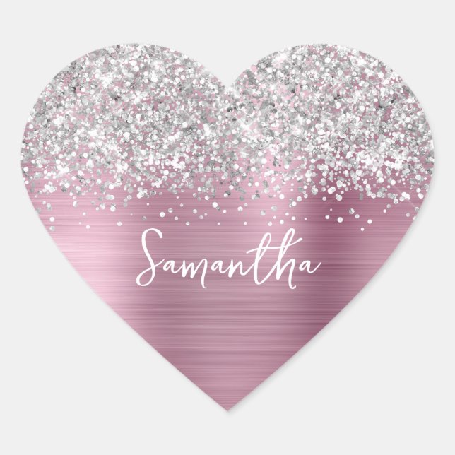 Silver Glitter Light Pink Glam Name Heart Sticker (Front)