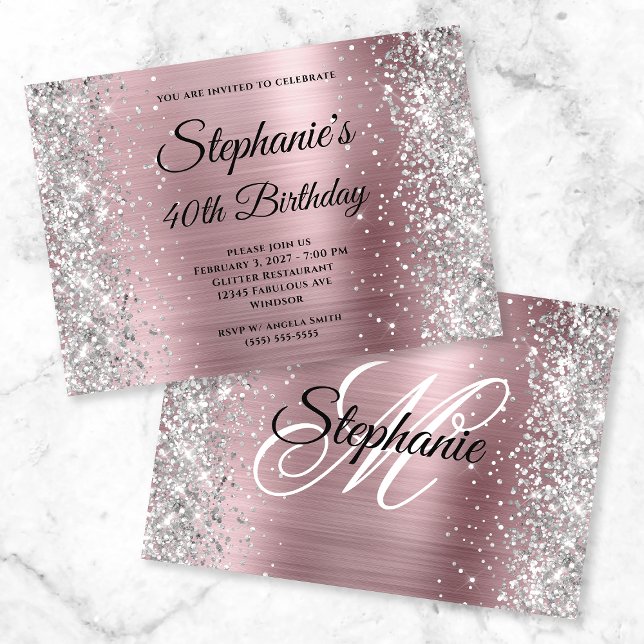 Silver Glitter Light Pink Monogram 40th Birthday Invitation (Creator Uploaded)