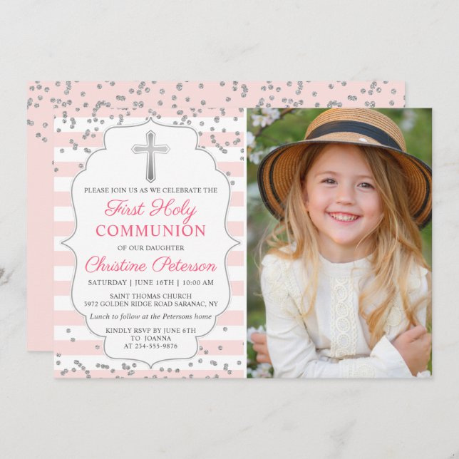 Silver Glitter Light Pink Photo First Communion Invitation (Front/Back)