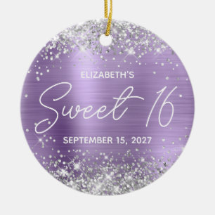 Silver Glitter Light Purple Fancy Sweet 16 Photo Ceramic Ornament