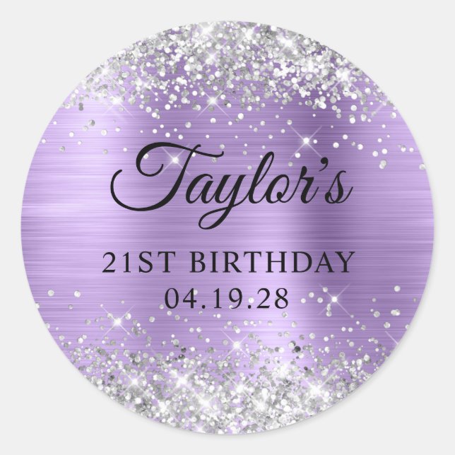 Silver Glitter Light Purple Foil 21st Birthday Classic Round Sticker (Front)