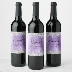 Silver Glitter Light Purple Foil 75th Birthday Wine Label