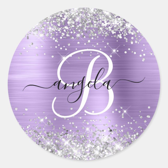 Silver Glitter Light Purple Foil Elegant Monogram Classic Round Sticker (Front)