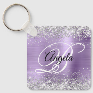 Silver Glitter Light Purple Foil Fancy Monogram Key Ring