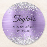 Silver Glitter Light Purple Foil Mis XV Anos Round Paper Coaster<br><div class="desc">Create your own quinceanera 15th birthday party round paper coasters. Girly faux sparkly silver glitter over a faux light amethyst purple metallic style ombre foil. Customise the font styles to create your own design for her special celebration. A classic elegant calligraphy paired with an all caps serif font. The glitter...</div>