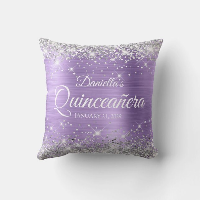 Silver Glitter Light Purple Foil Quinceañera Cushion (Back)