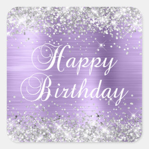 Silver Glitter Light Purple Happy Birthday Square Sticker