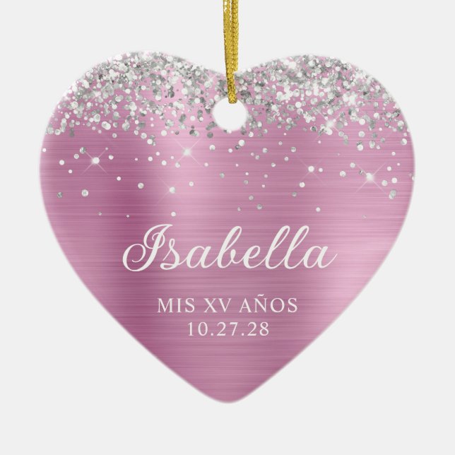 Silver Glitter Light Rose Pink Mis XV Anos Photo Ceramic Ornament (Front)