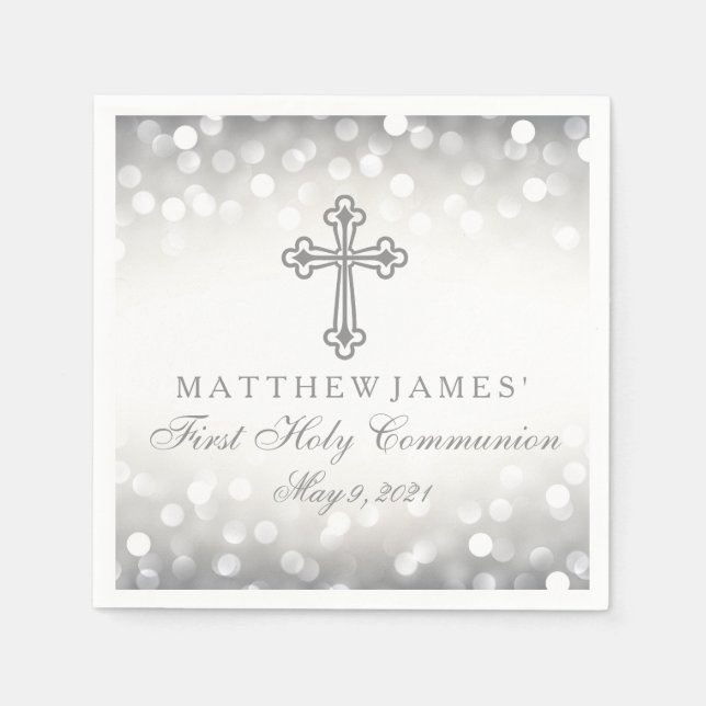 Silver Glitter Lights Communion Custom Napkin (Front)