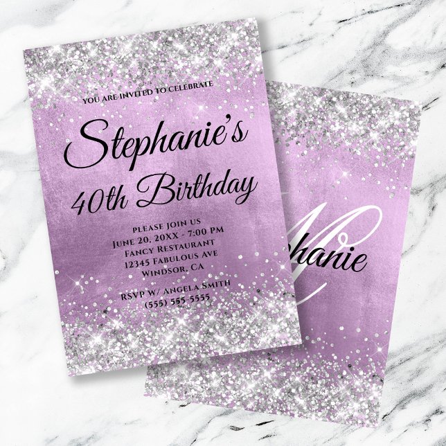 Silver Glitter Lilac Foil Fancy Monogram Invitation (Silver Glitter Lilac Foil Fancy Monogram Invitation)