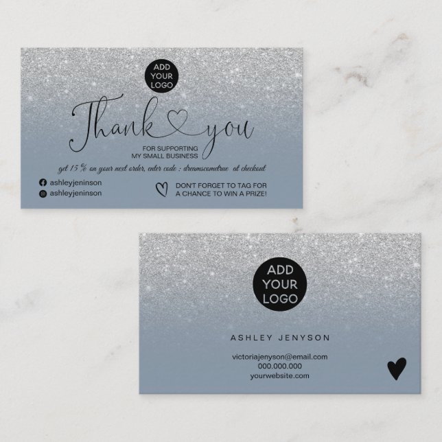 Silver glitter logo dusty blue order thank you business card (Front/Back)