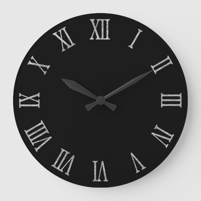 Silver Glitter Look Bold Roman Numerals Black Large Clock (Front)